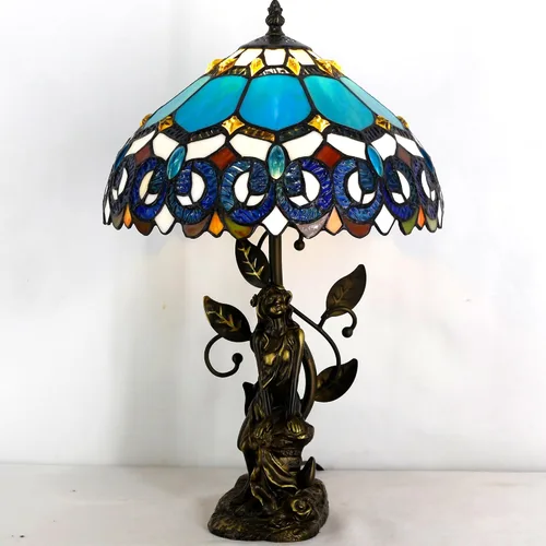 Vista 3 de Tiffany - Lámpara de mesa con vitrales, 12 x 12 x 18.5 pulgadas, escultura de resina, luz de lectura antigua (joyería azul barroco) Escultura