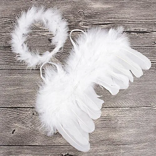 Vista 2 de Nishine Paquete de 2 alas de ángel de plumas blancas para recién nacidos juego de diadema para bebé cosplay niñas disfraz de fotografía