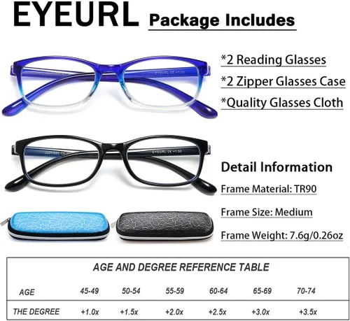 Vista 5 de EYEURL Gafas de lectura para mujer, lentes de bloqueo de luz azul que reducen la fatiga ocular, paquete de 2 unidades, marco TR90 ligero +0.0