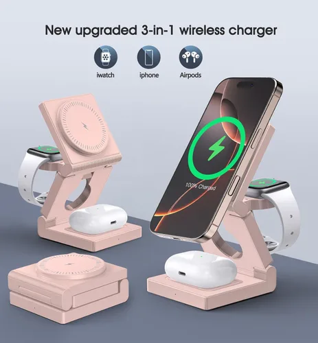 Vista 5 de Estación de carga inalámbrica 3 en 1 para múltiples dispositivos Apple - Cargador inalámbrico magnético plegable para viajes - Cargador de 18W