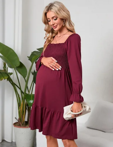 Vista 2 de KOJOOIN Vestido de verano de manga corta con cuello cuadrado para mujer, estilo bohemio, fruncido, con volantes, casual, vestido midi para baby