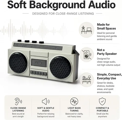 Vista 5 de Sourcingbay - Mini altavoz Bluetooth retro, recargable por USB, color gris 2W close range sound for desks shelves bedside tables display styling