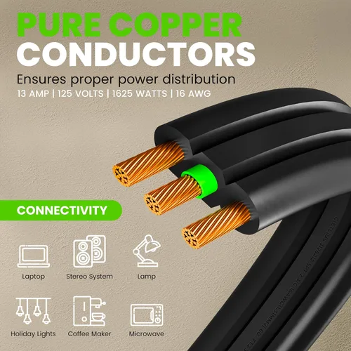 Vista 4 de GEARit Cable de extensión de enchufe plano giratorio de 360° de 3 pies, cable de alimentación de perfil bajo de 3 salidas, ahorro de espacio