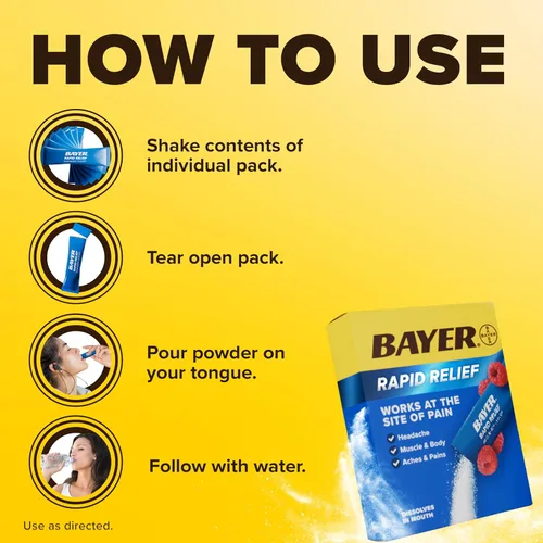 Vista 4 de Bayer® Alivio rápido, sabor a frambuesa soluble, paquetes de polvo con aspirina y cafeína, alivio del dolor de cabeza de acción rápida, alivio