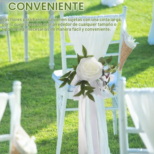 Vista 3 de FQQWEE - 6 piezas de decoración para sillas de pasillo de boda, rosas blancas, flores de respaldo de silla de boda con hojas y cintas, silla