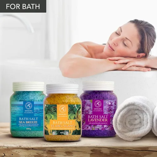 Vista 3 de Juego de sales de baño de 42 onzas - Lavanda - brisa marina - Ylang-Ylang - Aceite esencial 100% natural - Lo mejor para un buen sueño - Alivio