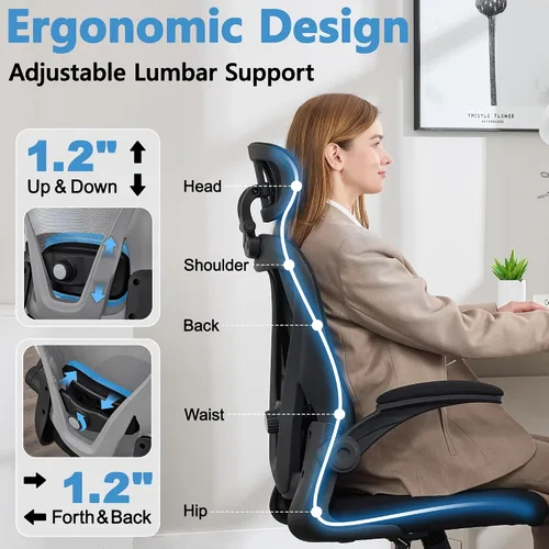 Vista 4 de Office Chair, Ergonomic Office Chair with Headrest, Comfy Home Office Desk Chairs with Lumbar Support & Flip-up Armrests, 330LBS High Back Mesh