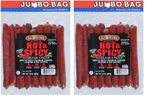 Vista 4 de Old Wisconsin - Palitos de salchicha con sabor a picante y especias, 14 onzas en paquete resellable, ahumados naturalmente, listos para comer, alto