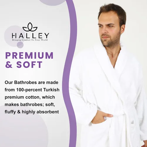 Vista 4 de HALLEY Bata de baño de lujo para mujeres y hombres, bata de baño con cuello de chal, bata de baño de algodón de rizo ultra suave con bolsillos