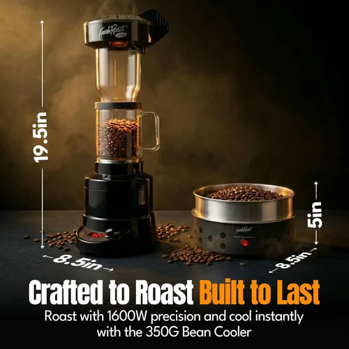 Vista 4 de Fresh Roast SR800 - Paquete de tostador de café – Incluye tubo de extensión de vidrio, enfriador de granos de café, granos de café verdes, bandejas