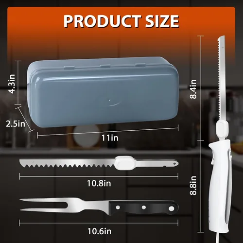 Vista 9 de Cuchillo eléctrico, juego de cuchillos de trinchar eléctricos con dos cuchillas dentadas de acero inoxidable, tenedor de tallado, con mango
