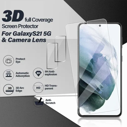 Vista 2 de Protector de pantalla de vidrio templado para Galaxy S21 + protector de lente de cámara [2 + 2 unidades] [compatible con fundas] [antiarañazos]