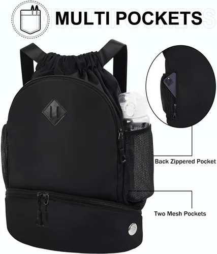 Vista 5 de Mochila de gimnasio con cordón y compartimento para zapatos para hombres y mujeres, bolsa deportiva de cuerda con bolsillo húmedo, bolsa de playa