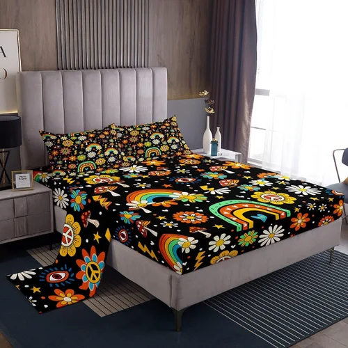 Vista 26 de Bonito juego de sábanas de flores para niñas y mujeres, sábanas coloridas de dibujos animados de flores funky de tamaño individual, bonito juego