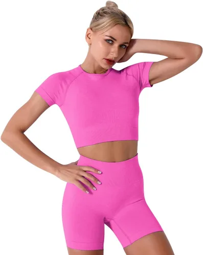 Vista 3 de Conjunto de yoga para mujer, sin costuras, pantalones cortos de ejercicio de cintura alta con brasier deportivo, 3 piezas, conjunto deportivo