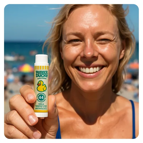 Vista 7 de Rubber Ducky Bálsamo labial con SPF 44, protector solar resistente al agua Vegano, sin tintar, sabor a vainilla, con vitamina E Todas