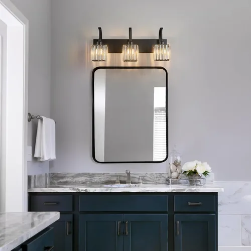 Vista 6 de Luces de tocador de cristal de 3 luces negras para tocador de baño, modernas lámparas de baño de cristal sobre espejo de 23.62 pulgadas de largo