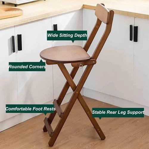 Vista 4 de Taburetes de bar plegables de bambú para el desayuno, taburete de cocina de 24 pulgadas/27 pulgadas con respaldo, silla alta de madera plegable
