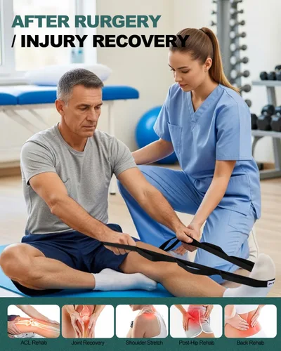 Vista 3 de Trideer Stretching Strap with Loops & Leg Lifter, Non-Elastic PT-Style Physical Therapy Strap for Knee Replacement Rehab, Hamstring, Calf & Back