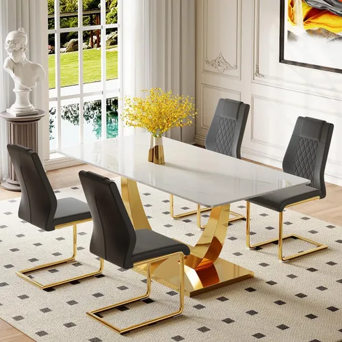 Vista 2 de Juego de mesa de comedor para 4, mesa de comedor de mármol sintético de 63 pulgadas con patas y base de acero inoxidable, sillas acolchadas