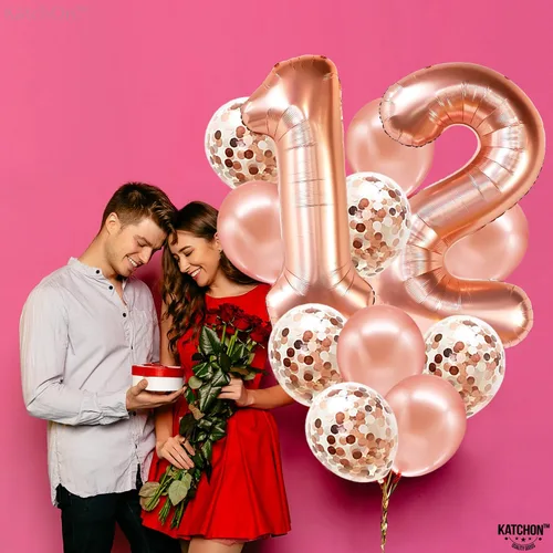 Vista 7 de KatchOn, Globo del número 12, globos de aluminio de Mylar de oro rosa de 40 pulgadas Globos gigantes del número 1 y 2 con 5 globos de látex y 5