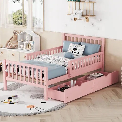 Vista 31 de VilroCaz Cama de plataforma de tamaño individual con barandilla y cabecera multifuncional, base de cama de plataforma de madera con 2 cajones