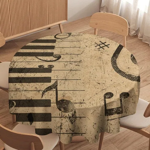 Vista 4 de Mantel redondo de cocina con notas musicales retro, estilo rústico y occidental, con estampado de teclas de piano y teclas, mantel redondo