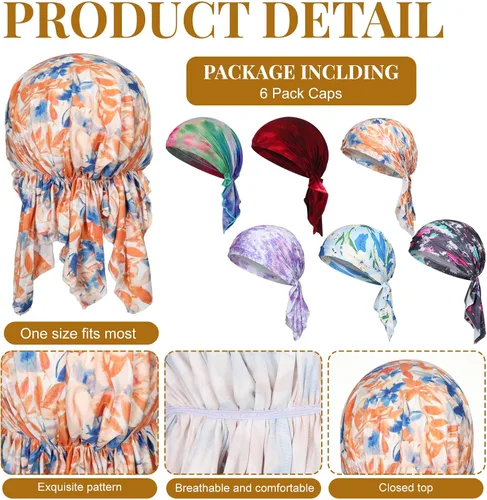 Vista 6 de Geyoga 6 unidades de bufanda para la cabeza para mujer, bufandas preatadas, gorros, gorros, con estampado elástico, para dormir, turbante, bufanda