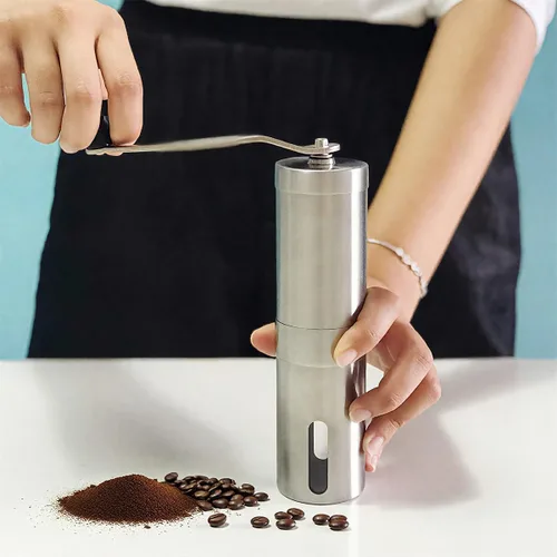 Vista 5 de Molinillo de café manual, molinillo de rebabas cónico portátil con 18 ajustes ajustables, molinillo de café de acero inoxidable para camping, viajes