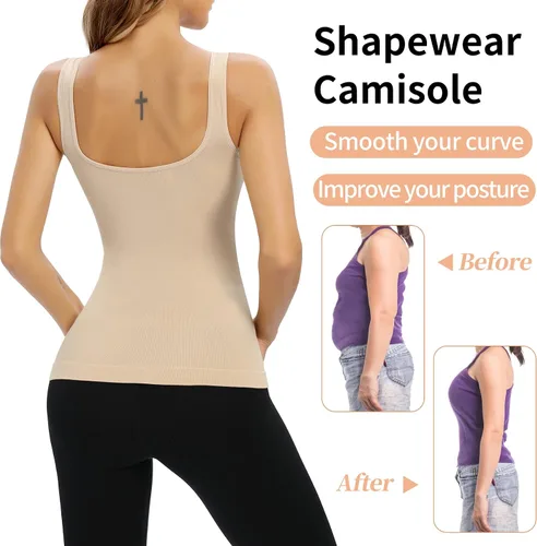 Vista 3 de Camisolas con brasier integrado acolchado de compresión moldeadora para mujer, color blanco, con control de abdomen