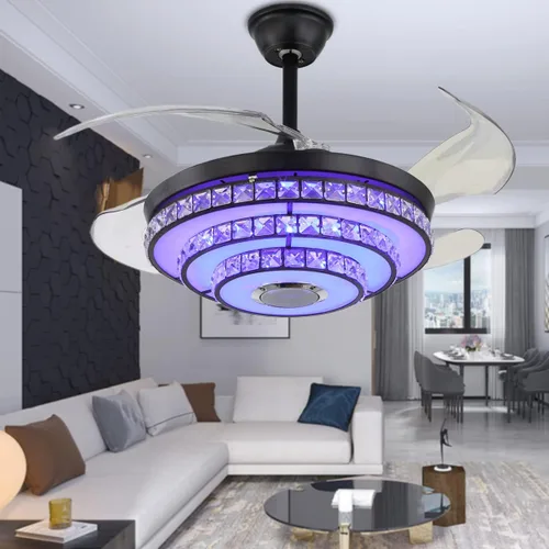 Vista 9 de Ventilador de techo de 42 pulgadas con luz, ventiladores de araña negros Retractable Ceiling Fans with Lights, Crystal Chandelier with Music, 7