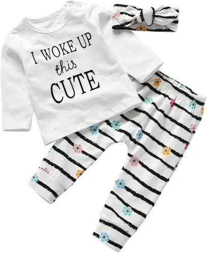 Vista 2 de KuKitty Conjunto de 3 piezas de camiseta de manga larga y pantalones de flores con diadema