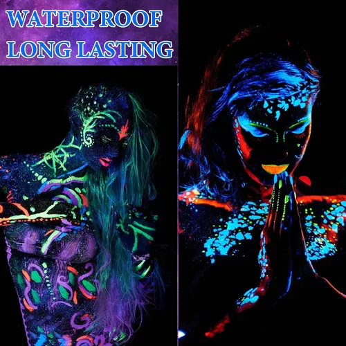 Vista 4 de 12 piezas de pintura corporal que brilla en la oscuridad, juego de maquillaje de luz negra fluorescente neón, juego de pintura facial