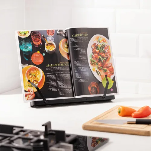 Vista 3 de Navaris Soporte para libros de bambú – Manos libres Receta de lectura libro de cocina soporte para tabletas con 2 soportes de metal ajustables
