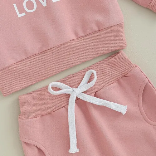 Vista 4 de Trajes de otoño e invierno para niña pequeña, camisa de manga larga con cuello redondo y pantalones sólidos, ropa de 2 piezas, Rosado