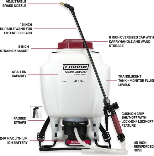 Vista 2 de Chapin International 63924 Pulverizador de mochila con batería de pulverización extendida de 4 galones y 24 V, con boquilla de latón ajustable, 1