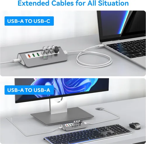 Vista 4 de intpw Hub USB con alimentación 10Gbps, Hub de datos de aluminio de 7 puertos USB 3.2 con 4 puertos USB 3.2 Gen 2, 3 puertos de carga rápida