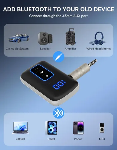 Vista 6 de Receptor Bluetooth 5.3 para automóvil, pantalla LED, cancelación de ruido, adaptador AUX Bluetooth de 0.138 in, receptor de audio inalámbrico