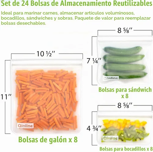 Vista 3 de Qinline Bolsas reutilizables para guardar alimentos - paquete de 24 bolsas aptas para lavavajillas, bolsas reutilizables libres de BPA