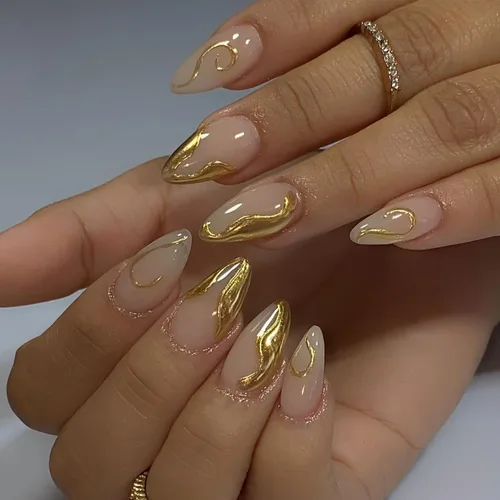 Vista 19 de Uñas postizas medianas a presión con forma de almendra y nude K-Nude