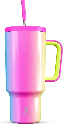 Vista 61 de Meoky - Vaso de 30 oz con asa, tapa y pajilla, taza de viaje térmica de acero inoxidable 100% a prueba de fugas, para portavasos, mantiene el frío