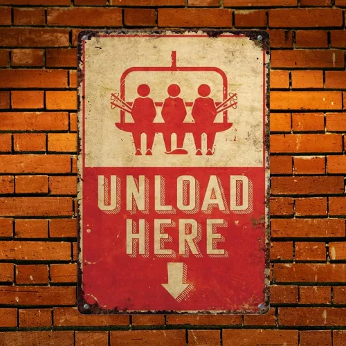 Vista 3 de Letrero de metal retro con texto en inglés «Unload Here», letrero de aluminio para decoración de pared, 10 x 14 pulgadas, decoración de esquí