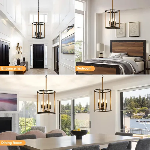 Vista 5 de Luvkczc Candelabro de 4 Luces, Luz de Techo Estilo Granja, Lámpara de Linterna Negra Accesorios de Iluminación con Jaula de Cuerdas, Altura