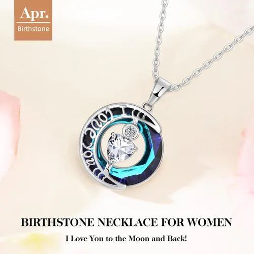 Vista 3 de Collares de cristal para mujer, regalos para aniversario de esposa, regalos de cumpleaños para mujeres, collar de zafiro azul con la frase "I Love
