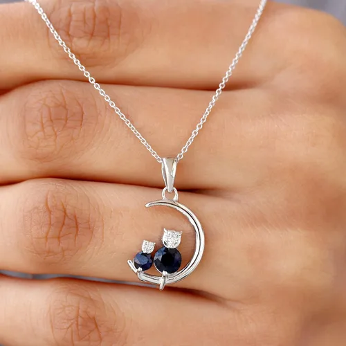 Vista 2 de Collar de zafiro azul de 34 quilates y diamante gato en la luna para mujer calidad AAA oro blanco de 10 quilates con cadena Metal Piedra preciosa
