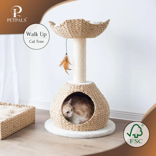 Vista 9 de Petpals Cama nido de cuerda de papel tejida a mano de 28 pulgadas de alto y cesta grande tejida a mano con cojines lavables, poste rascador de sisal