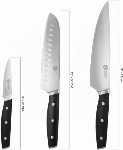 Vista 6 de MasterChef Juego de cuchillos de chef de 3 piezas de calidad profesional (chef, Santoku y de pelar) para cocina casera de precisión, hojas de acero