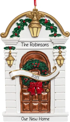 Vista 16 de Adorno de Navidad personalizado para el nuevo hogar 2026 Puerta negra con cinta de purpurina recuerdo único para el árbol de Navidad – Primer año