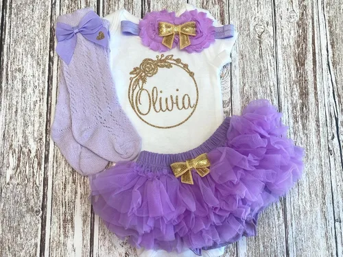 Vista 16 de Personalized Baby Girl Outfit Circular Floral Wreath Design Gold Glitter Optional Accessories