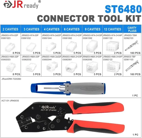 Vista 2 de JRready ST6480 Kit de clavijas de conector eléctrico de 2, 3, 4, 6, 9 y 12 pines con herramienta extractora de terminales de crimpado. 160 juegos.